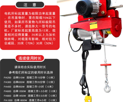 pa200-pa1000微型電動(dòng)葫蘆連續(xù)工作時(shí)長(zhǎng)一覽表